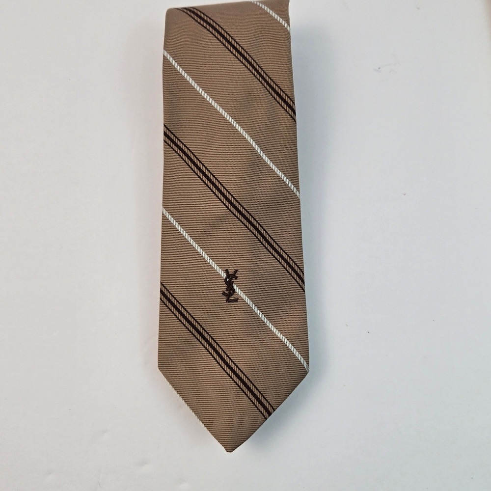 Yves Saint Laurent Mens Silk Tie Tan Brown Striped Vintage YSL Logo Necktie